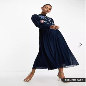 ASOS DESIGN high neck pleated long sleeve skater midi dress with embroidery in navy