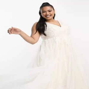 ASOS DESIGN Curve Sienna bead and embroidered plunge bodice wedding dress with lace underlay in