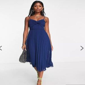 ASOS DESIGN twist front pleated cami midi dress with belt in navy